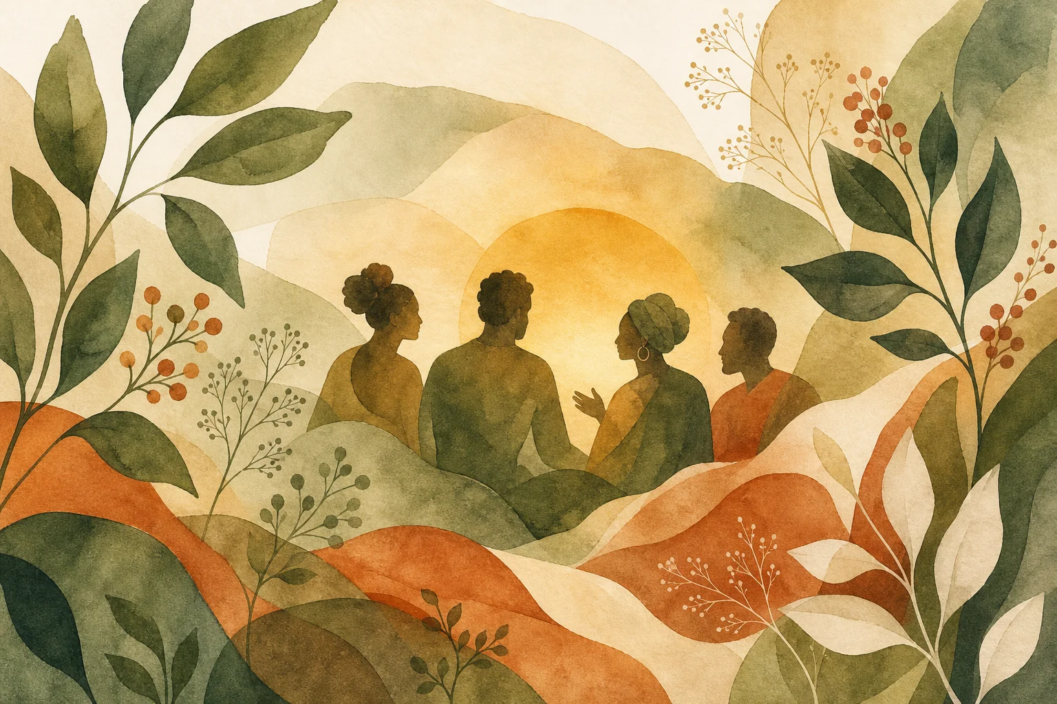 Abstract watercolor illustration of four community members gathered together, surrounded by botanical shapes in sage, terracotta, and warm cream.