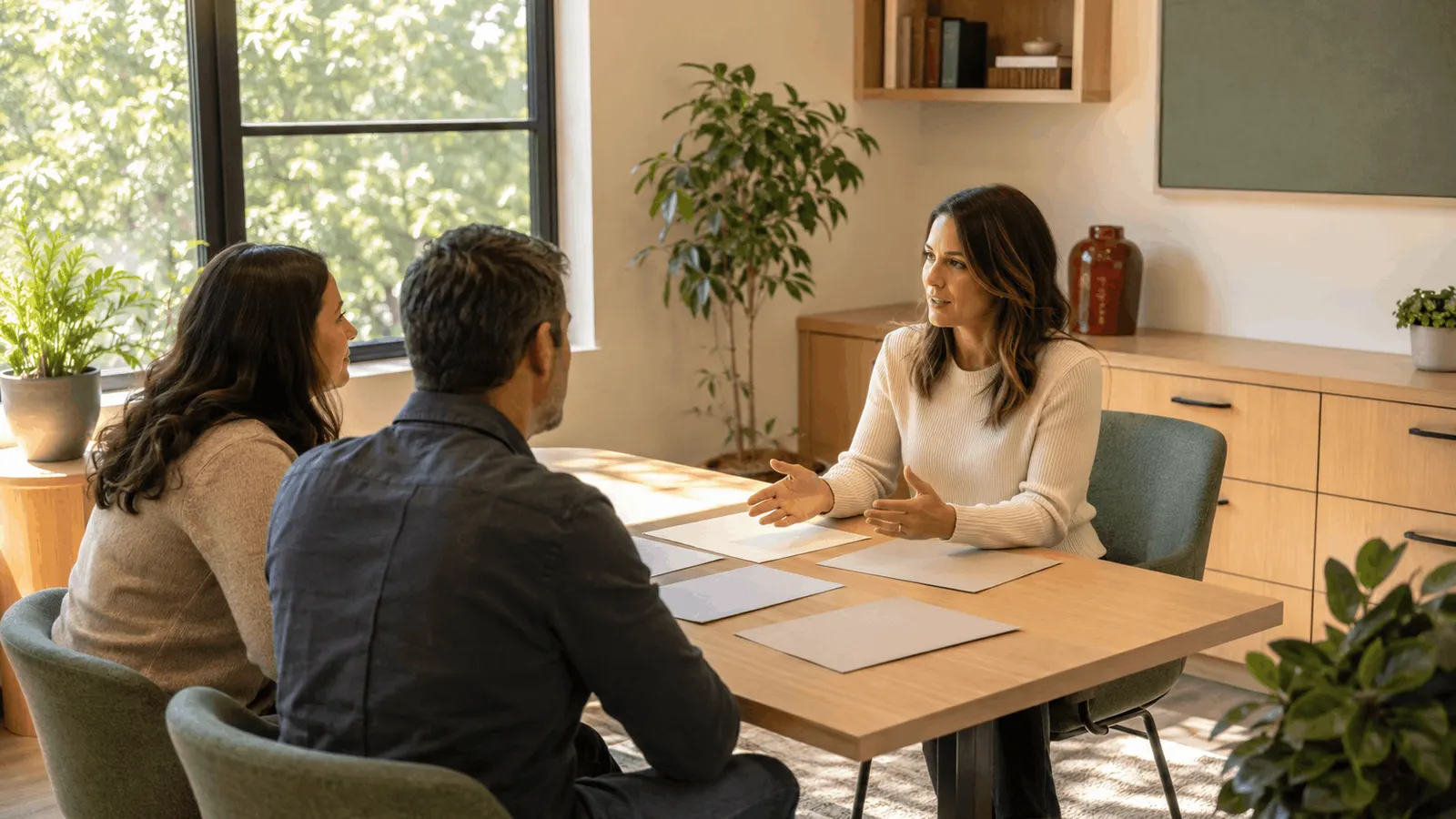 Healthcare provider meeting with two patients in a private counseling office to discuss HIV care and long-term treatment options.