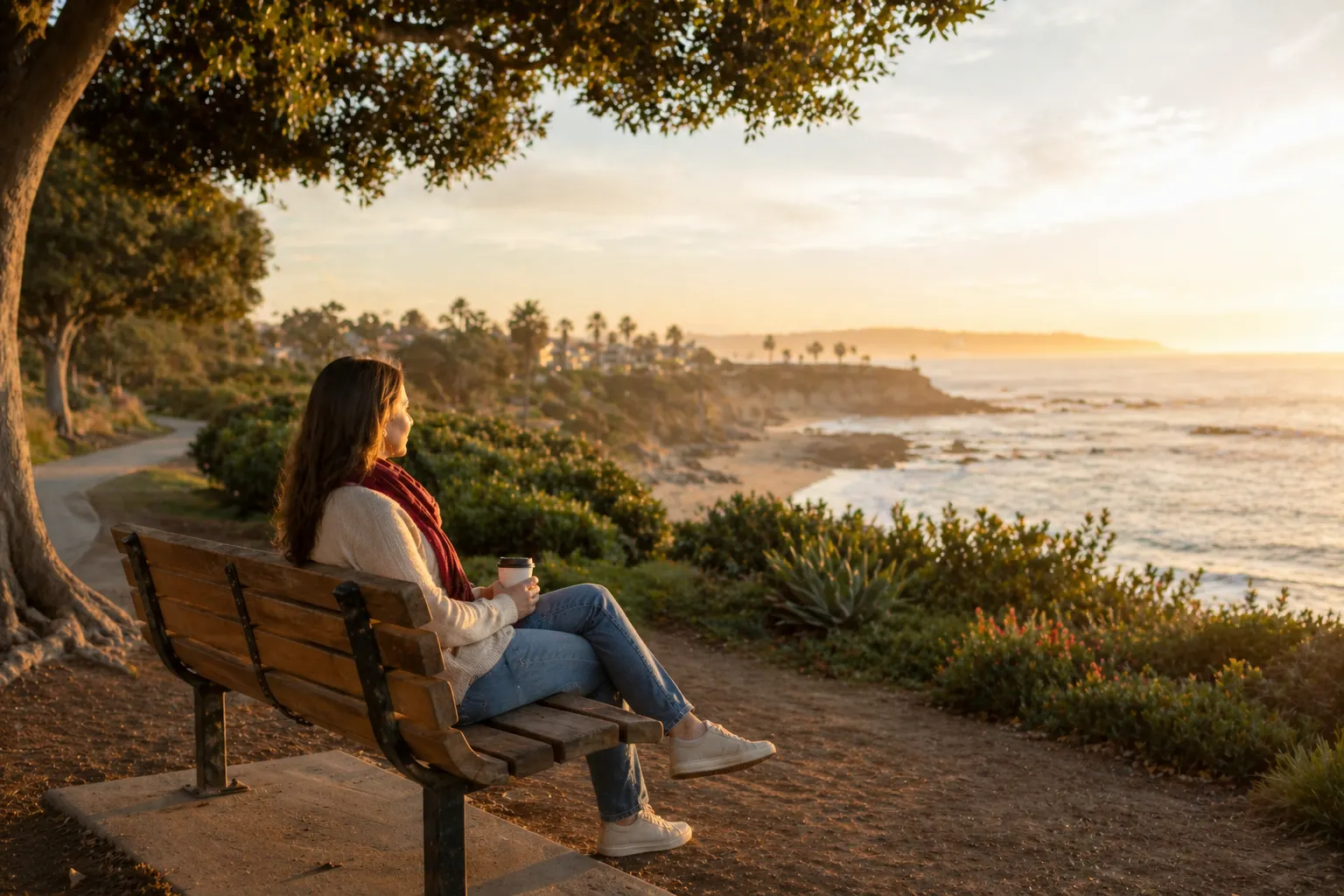 Person sitting on a bench overlooking the ocean during sunset