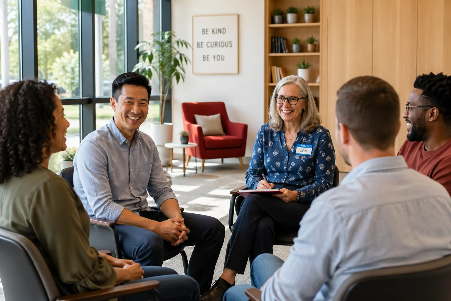 Facilitator leading a small group discussion with participants smiling