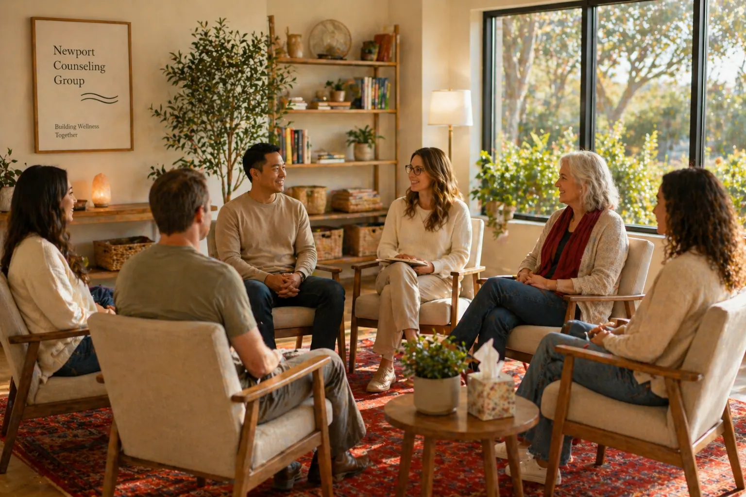 Support group discussion with participants smiling and engaging in conversation
