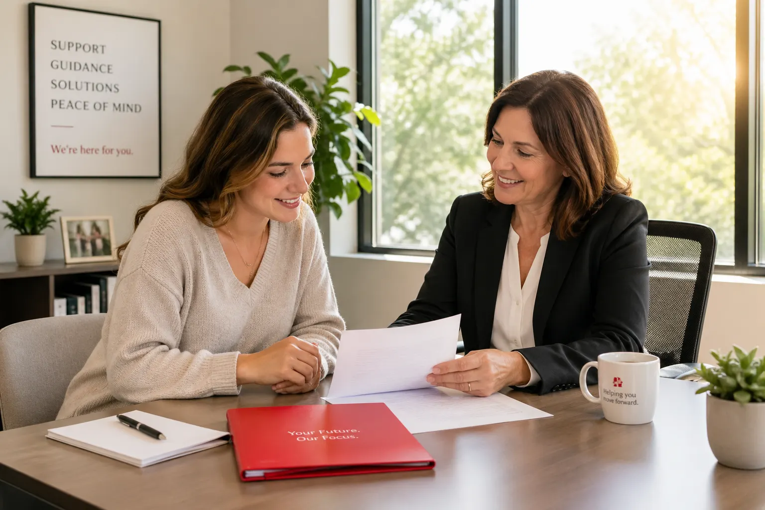 Advisor reviewing documents with a client at a desk