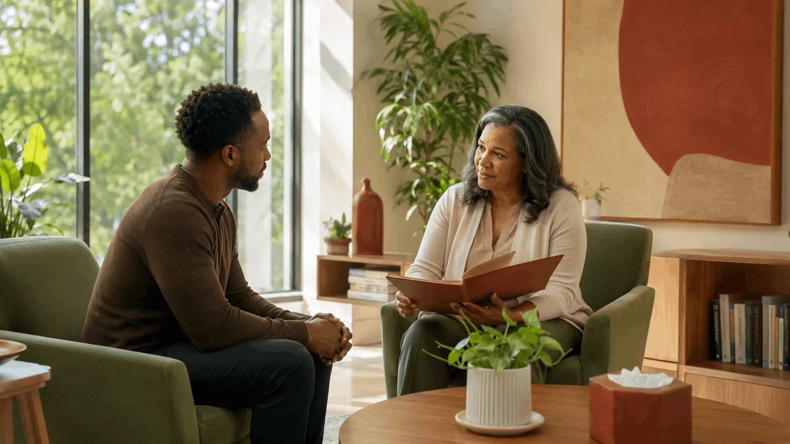 Counselor meeting one-on-one with a client in a comfortable office during an addiction recovery counseling session.