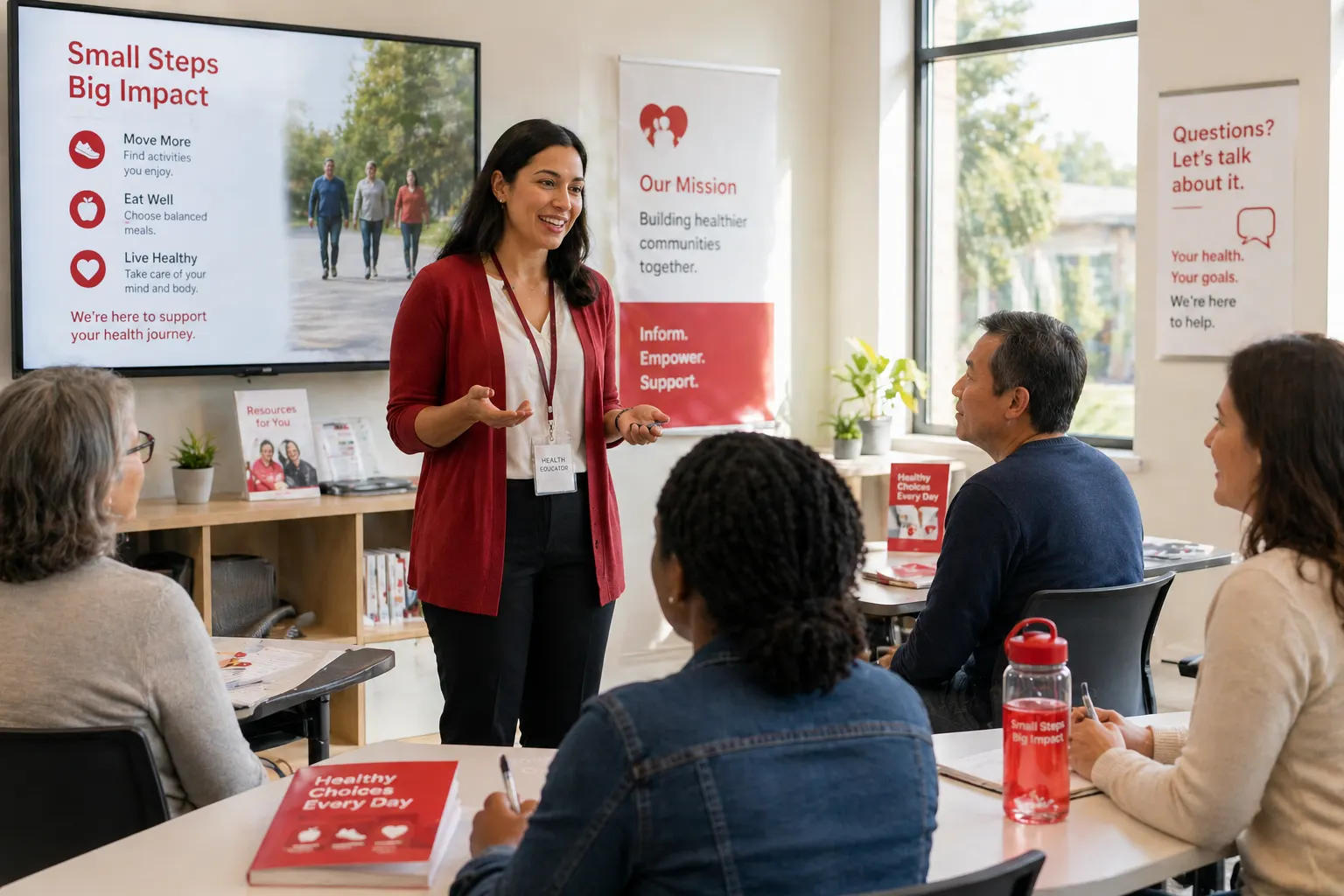 Instructor presenting healthy lifestyle tips to a classroom group