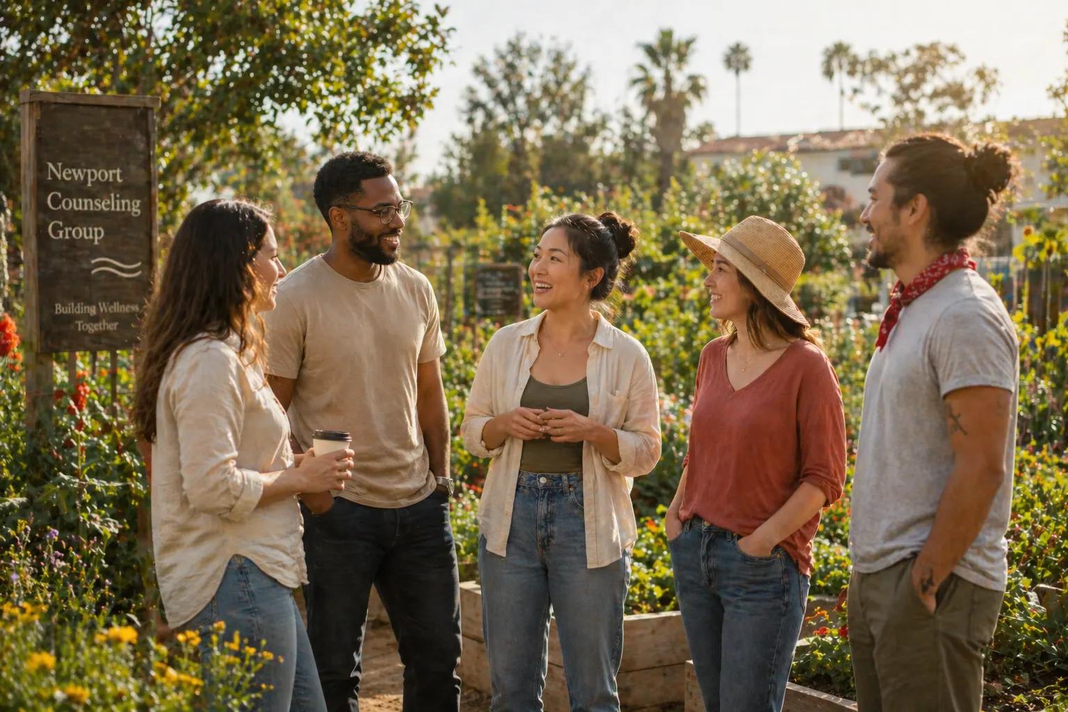 Group of people talking and smiling together in a community garden setting
