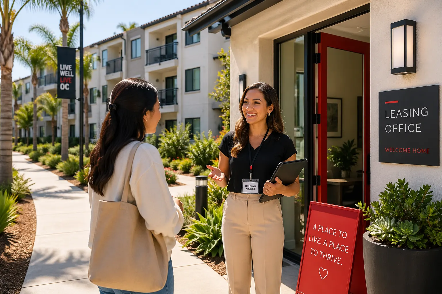 Housing advisor speaking with a woman outside a leasing office