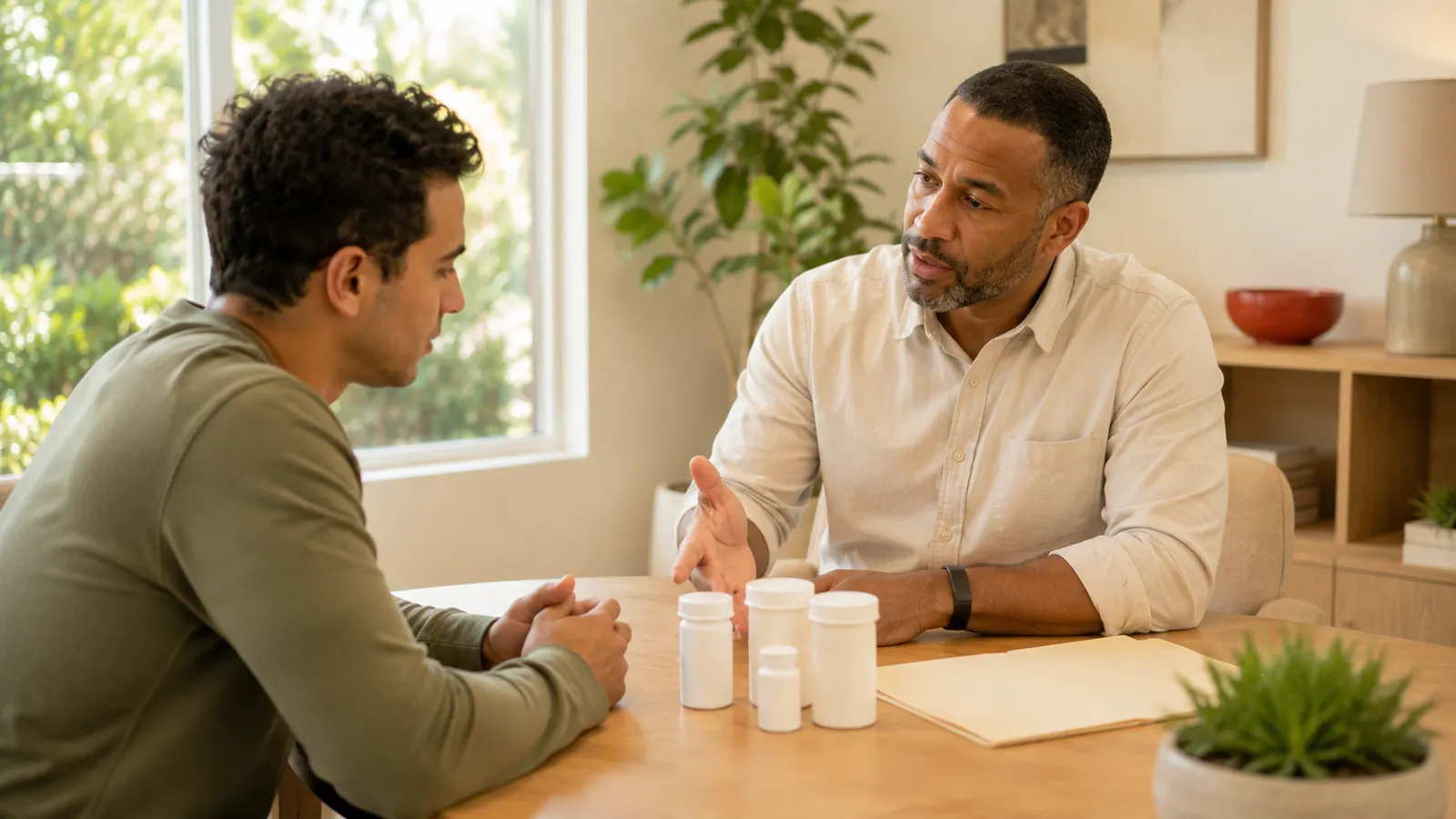 Case manager discussing specialty pharmaceutical care with an adult client