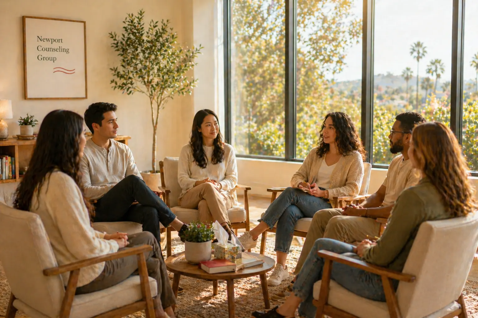 Group therapy session with diverse adults sitting in a circle in a bright counseling room
