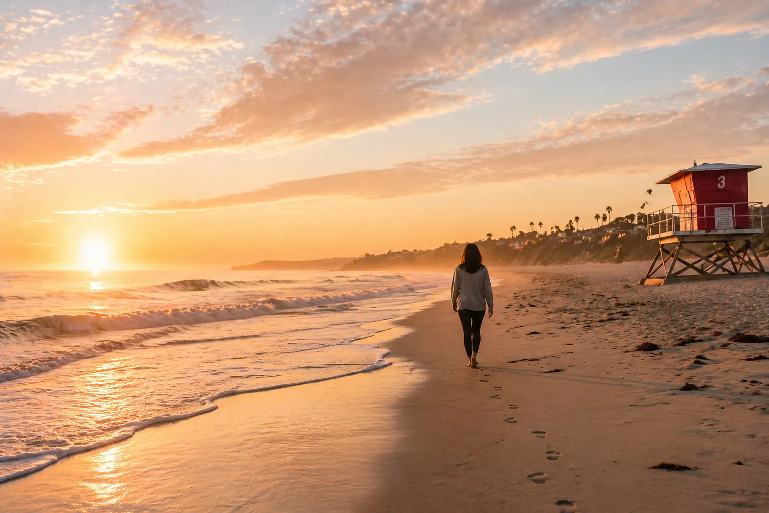 Person walking alone along the beach at sunset reflecting peacefully