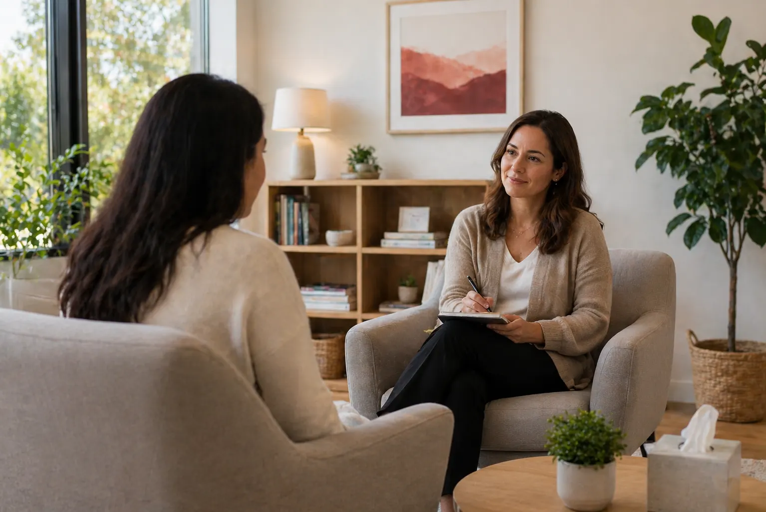 Counselor listening attentively to a client during a session