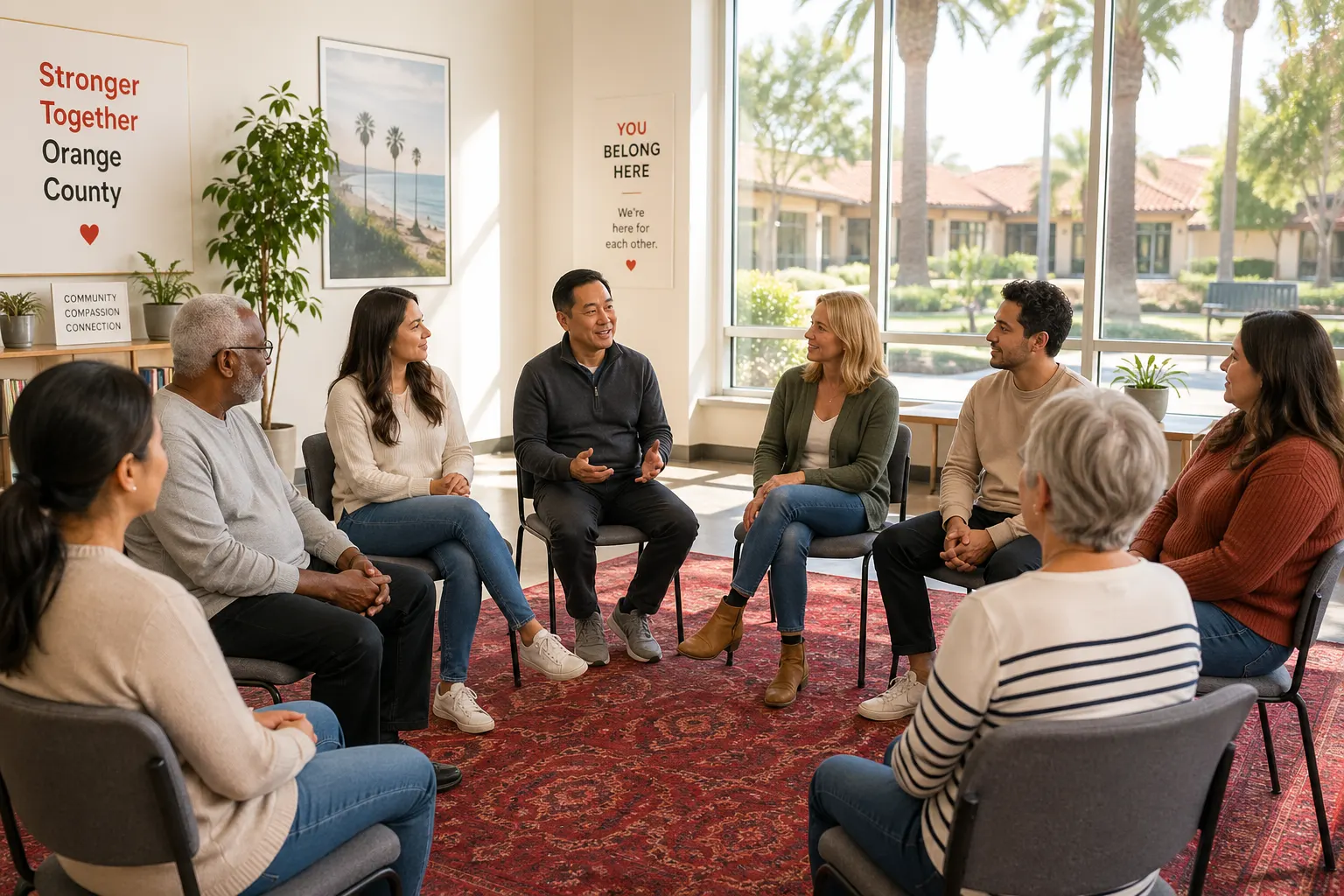 Diverse group of adults նստ in a circle during a community support session