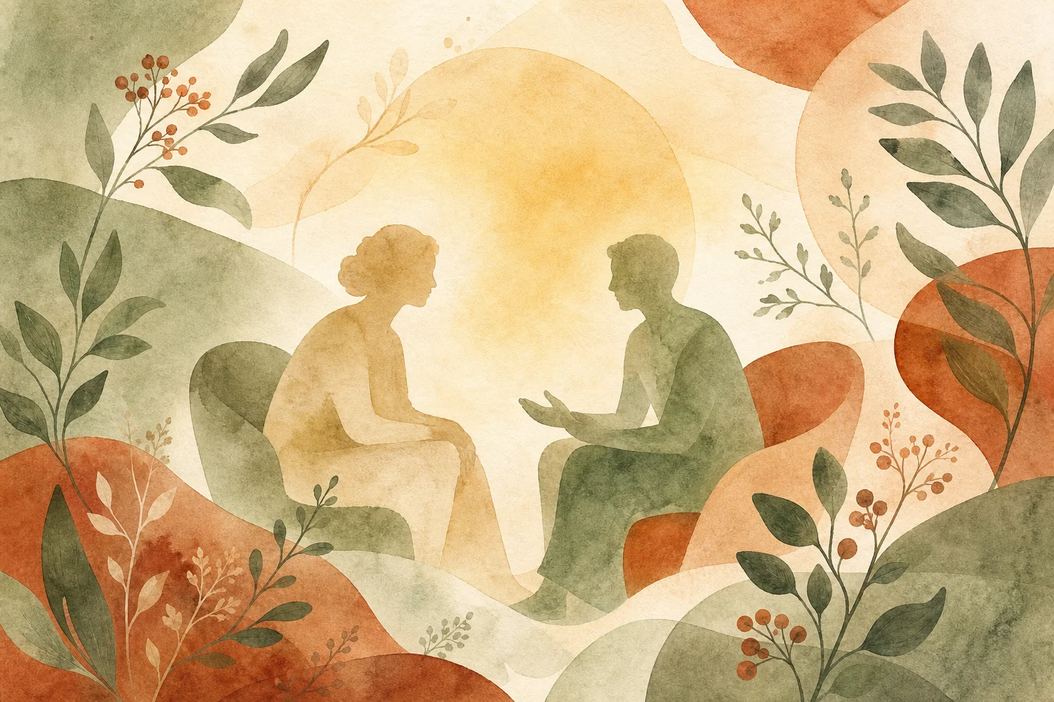 Abstract watercolor illustration of two people in quiet conversation, surrounded by botanical shapes in sage, terracotta, and cream.